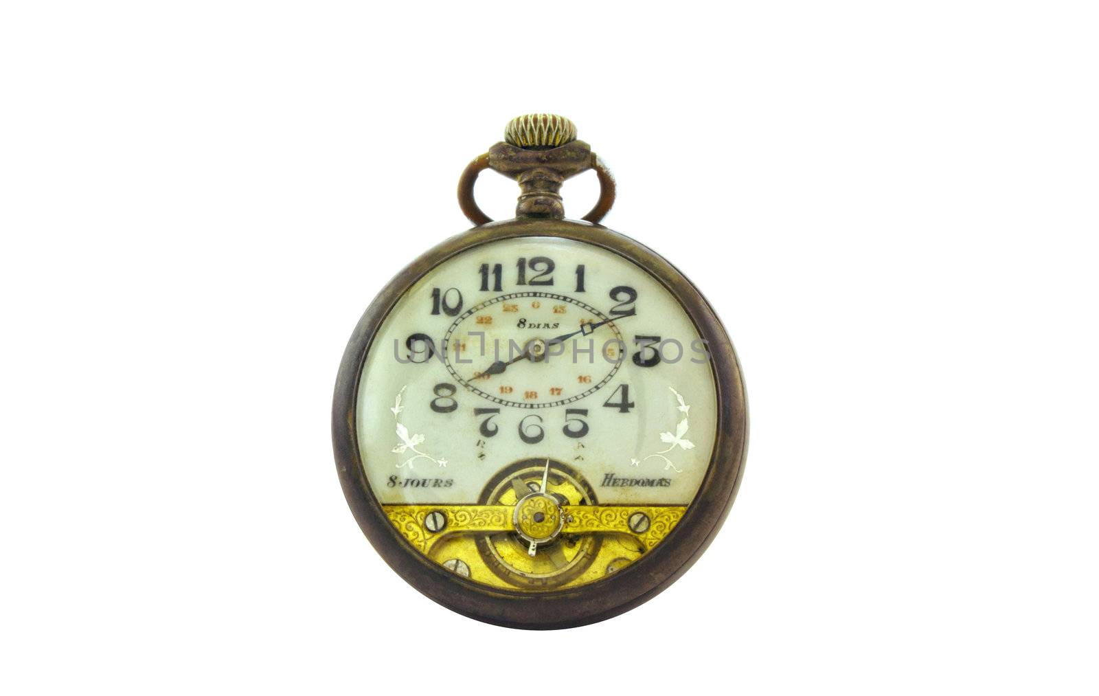 Old pocket watch, made in Swiss of Hebdomas Brand. With gold and silver. 1910.