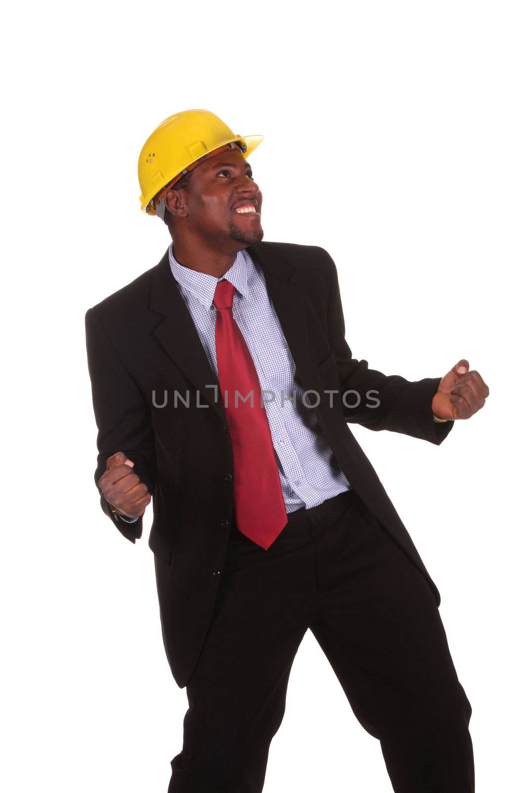 businessman with happy hands raised on white background