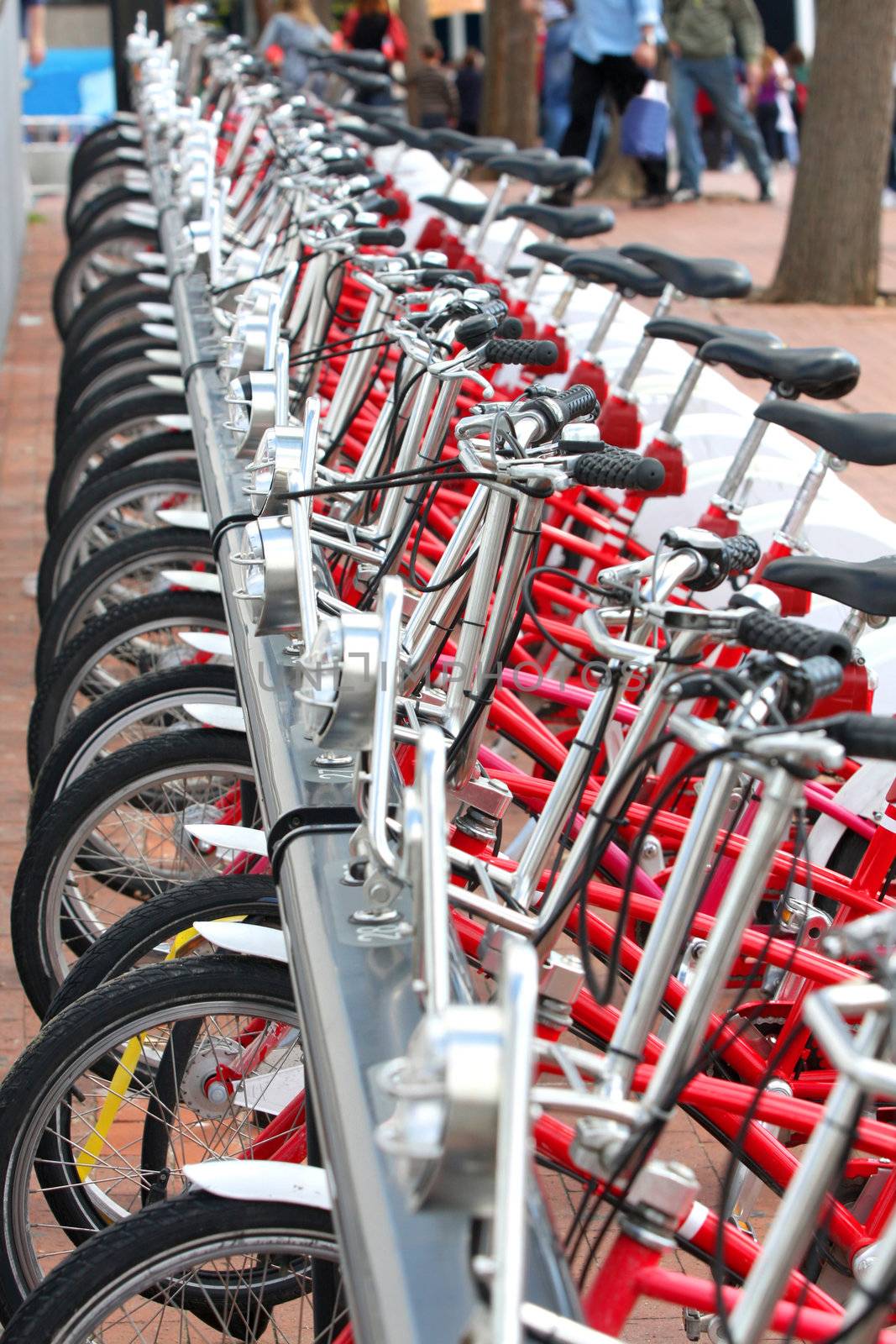 details city tour bicycles parked in city Barcelona, Spain