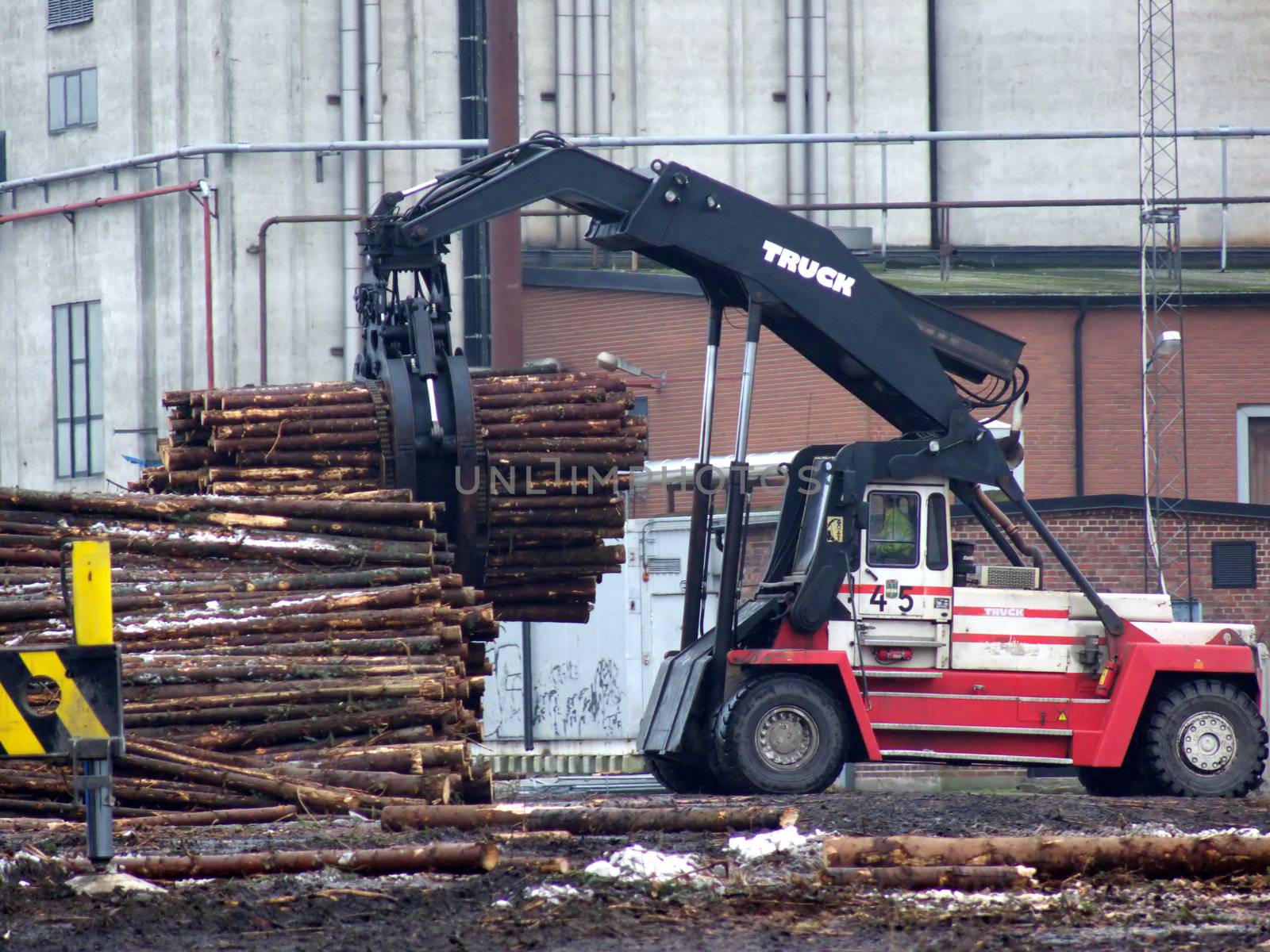 portrait of truck loading timber to a boat