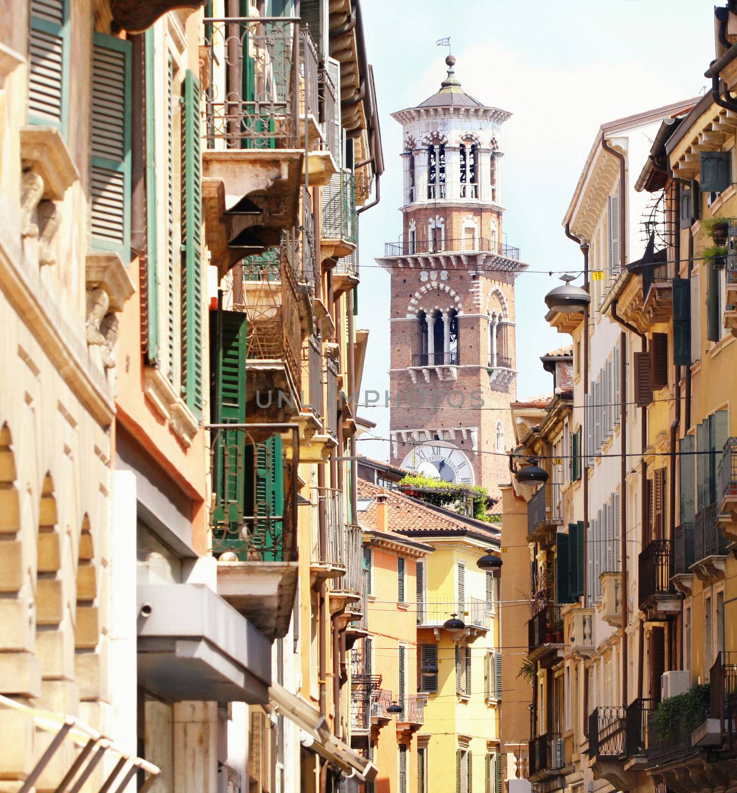 details Tower Lamberti in city Verona, Italy