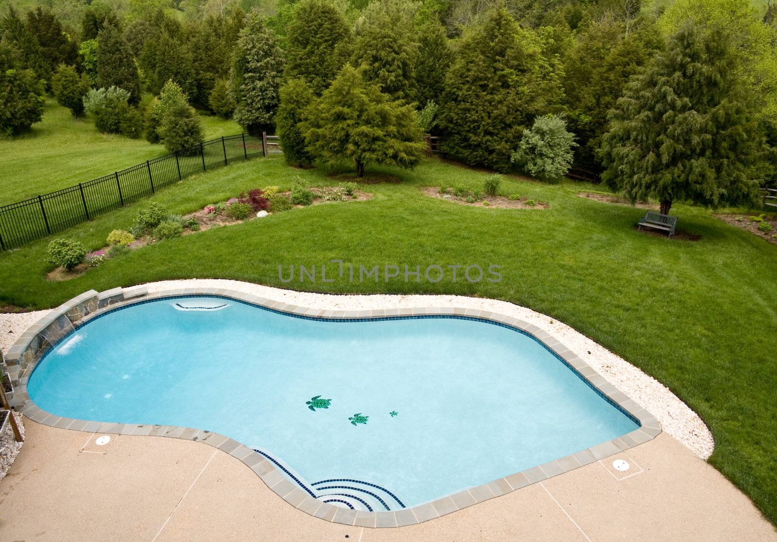 View of luxury pool and deck with surrounding landscaped garden with flowers and trees
