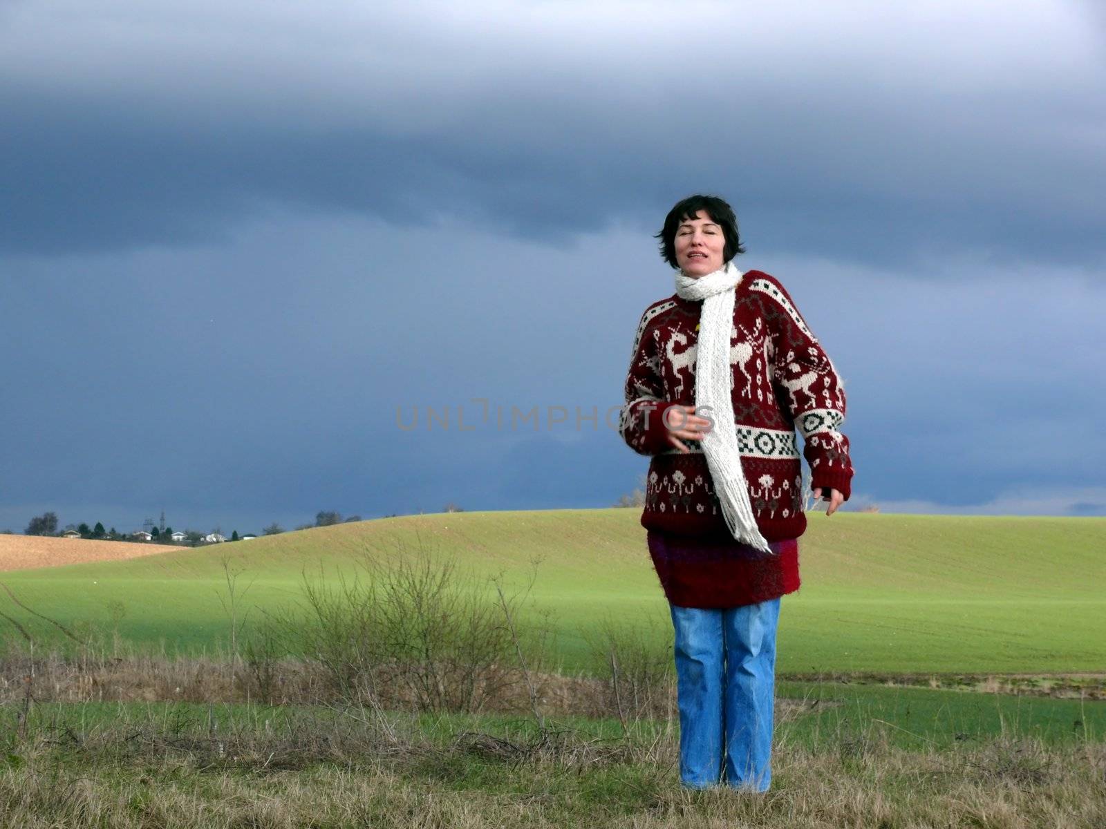 portrait of singing woman enjoy nature in spring