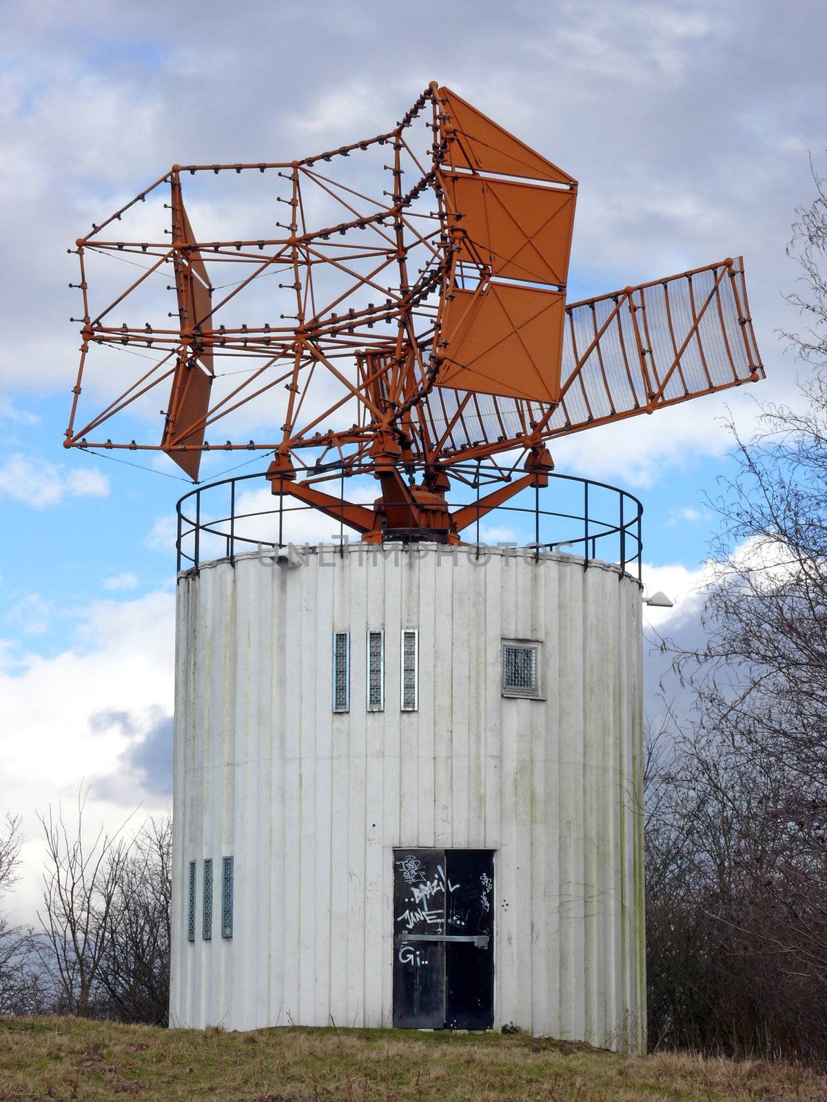 portrait of an old airport tower control building