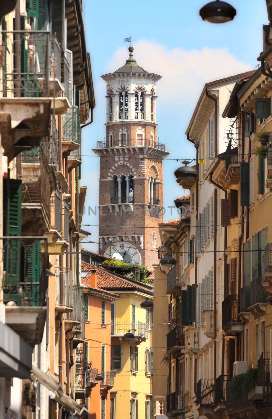 details Tower Lamberti in city Verona, Italy