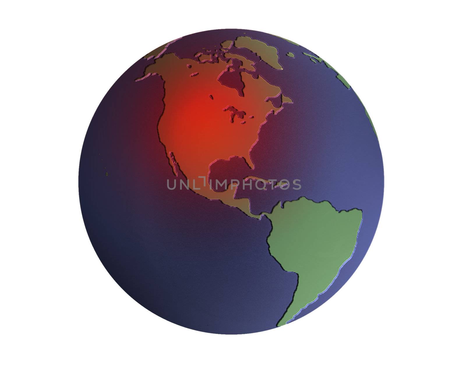 Illustration of the earth in blue and green with heated area over North America