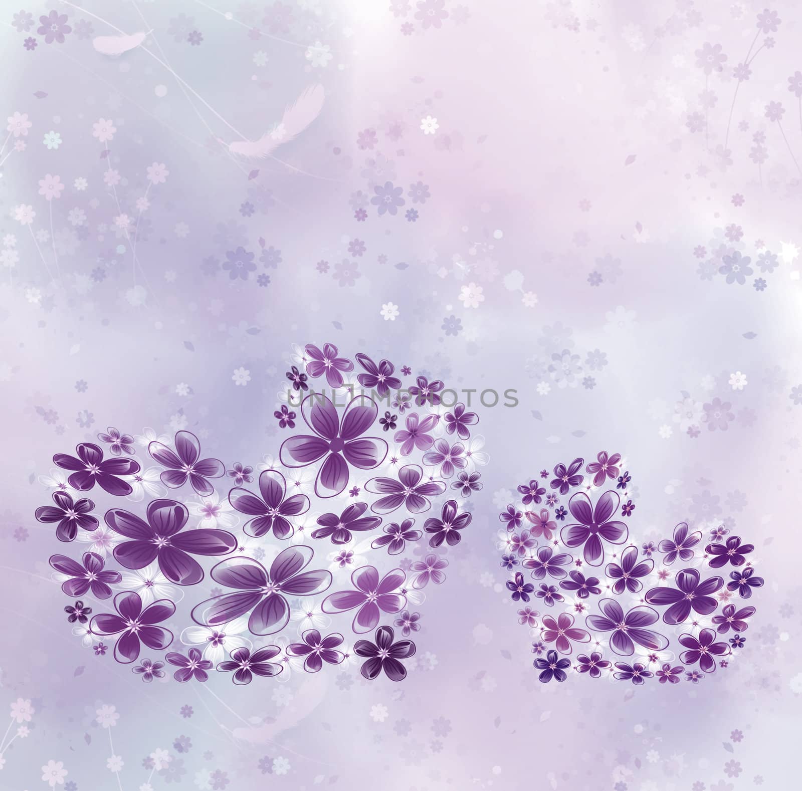 Hearts from flowers on a violet background