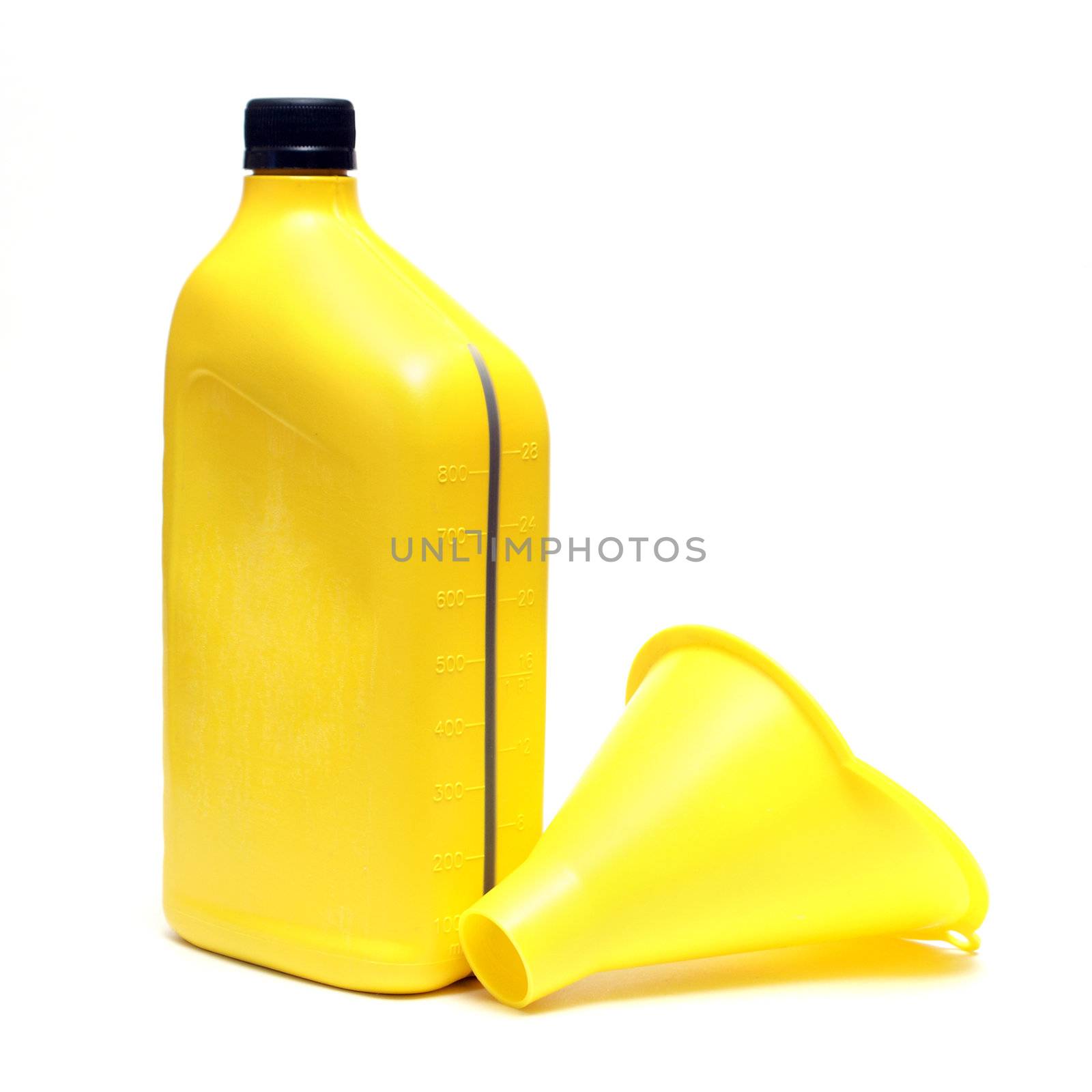 An isolated shot of a quart of automobile oil with a funnel.