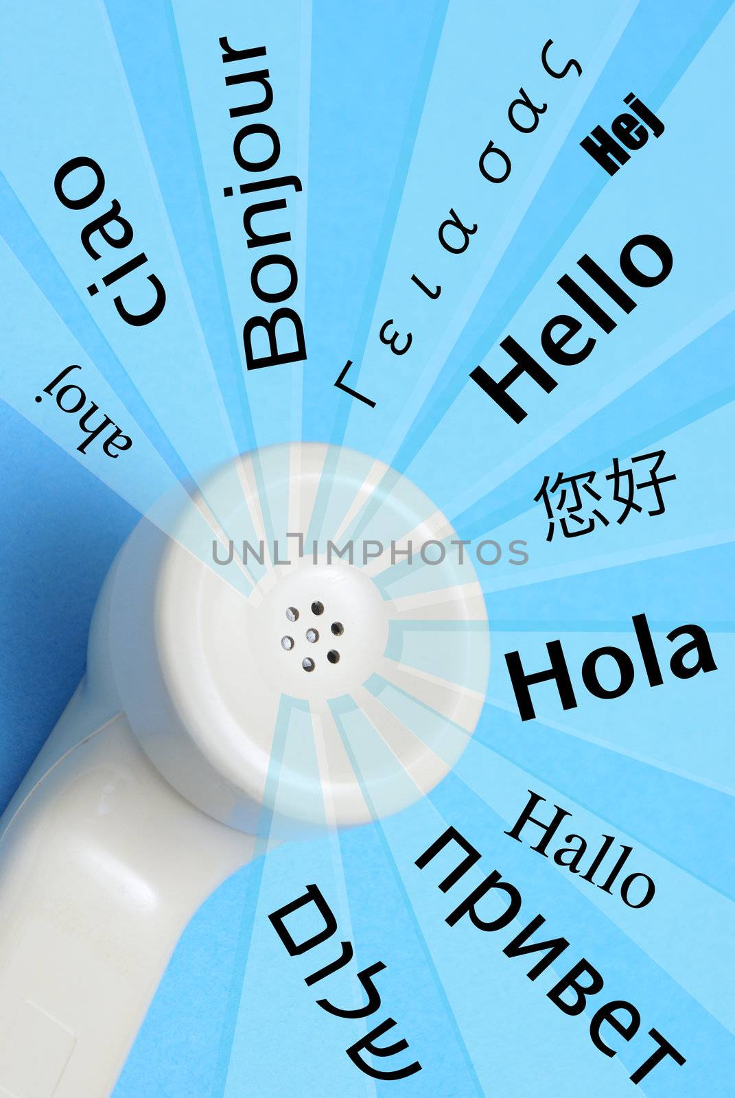 A phone receiver hears the word hello in eleven different languages.