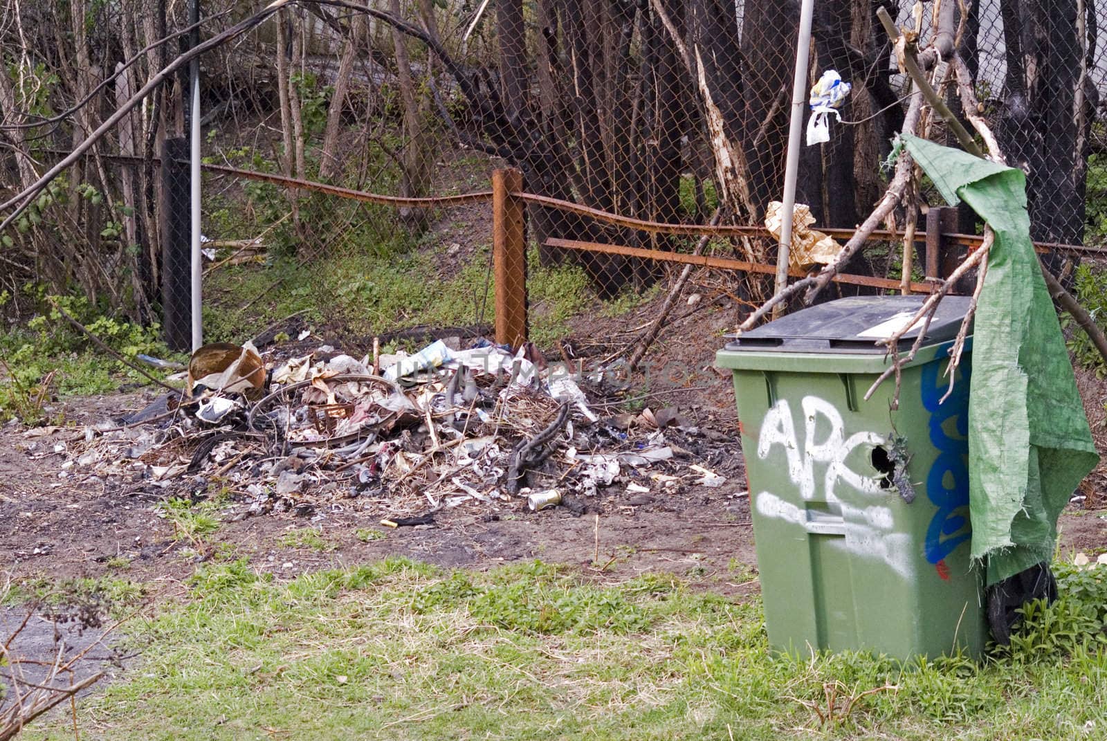 portrait of trash place where homeless used to live