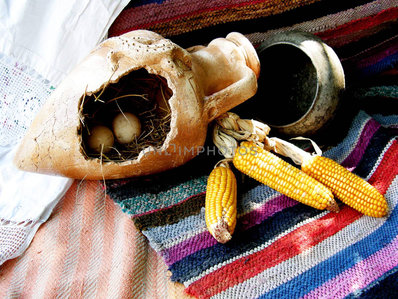 Rural still life of pots, bulbs, and corn