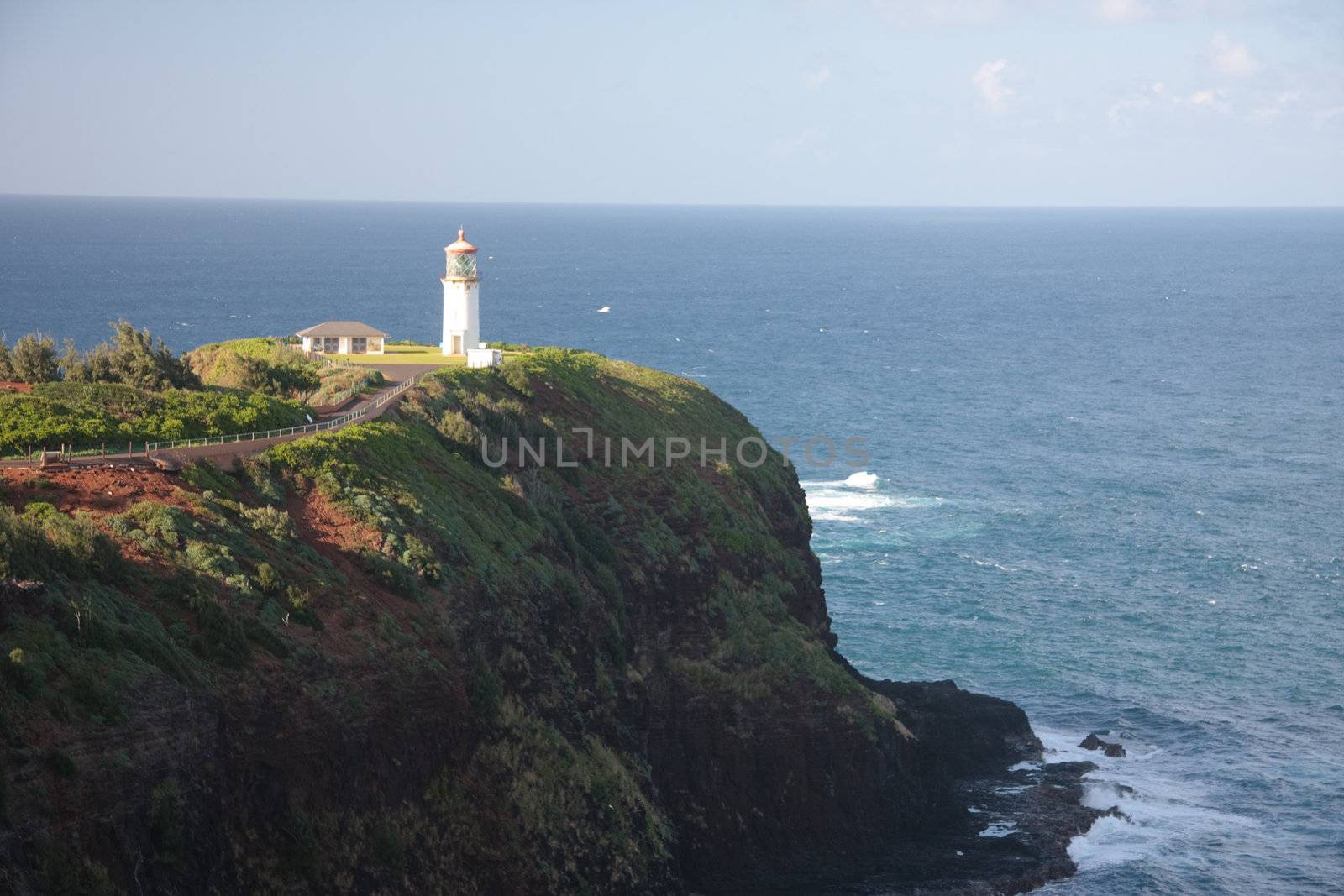 CLose up of Kilauea Lighthouse off the coast of Kauai