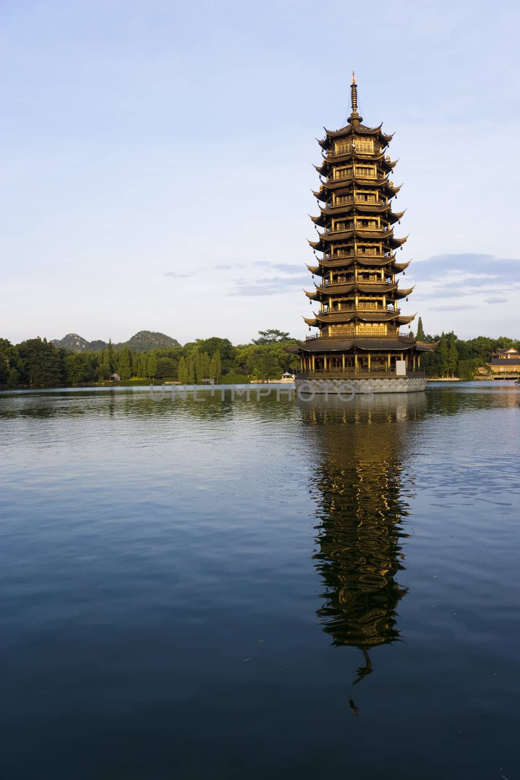 Image of the Sun Pagoda at Guilin, China. This pagoda is one of the two pagodas located side by side which together are known as the Sun and Moon Pagodas of Guilin.
