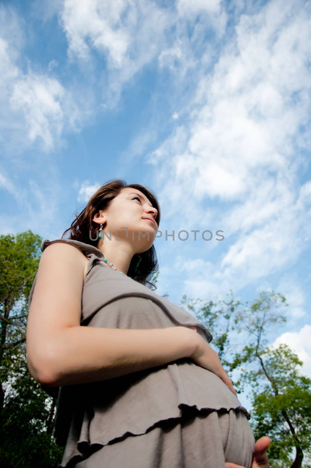 Portrait of the beautiful pregnant woman costing in park