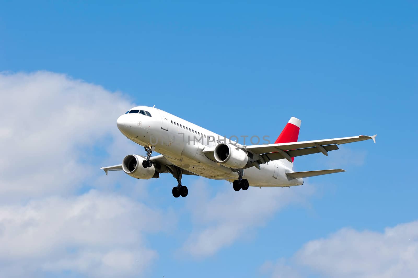 Plane on a blue and cloudy sky.