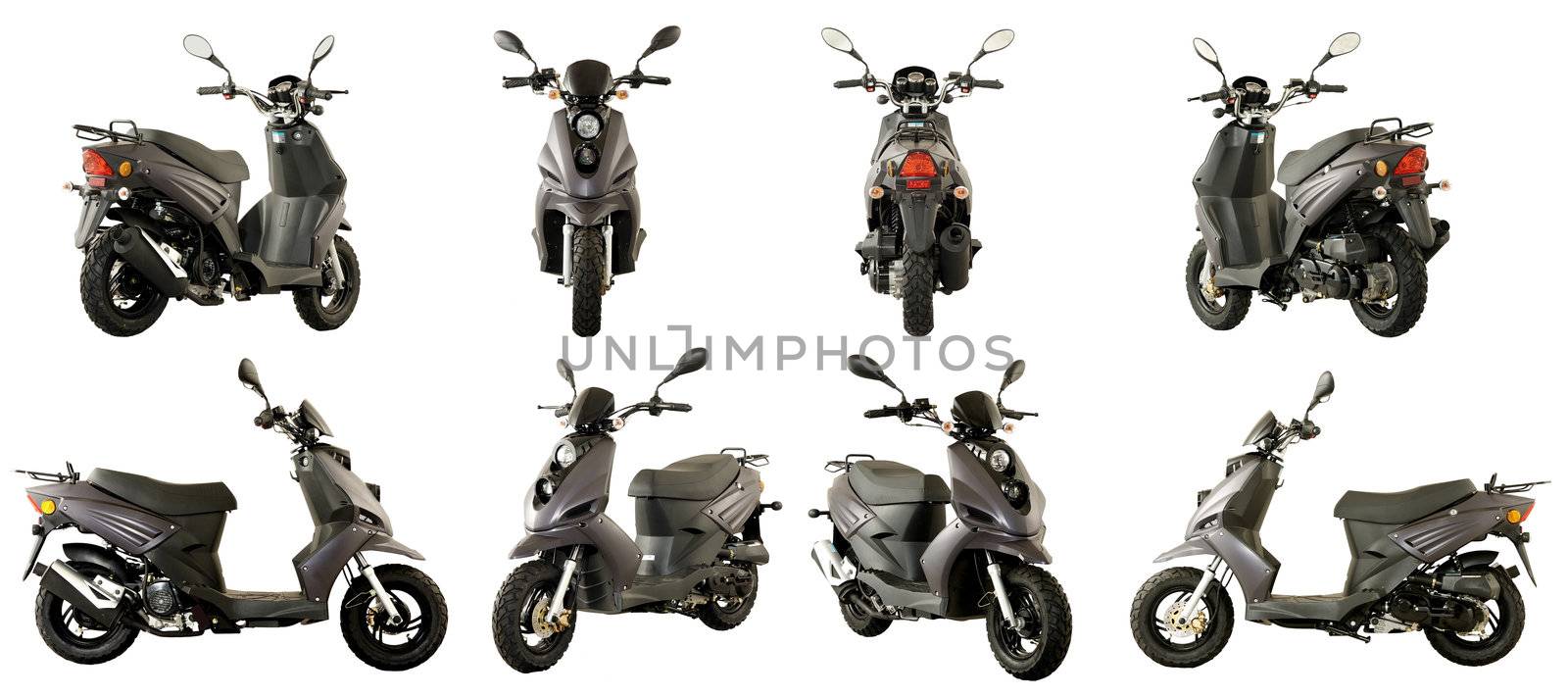 Collection of photos of scooters and motorcycles on a white background. Some images from different foreshortenings in one file.