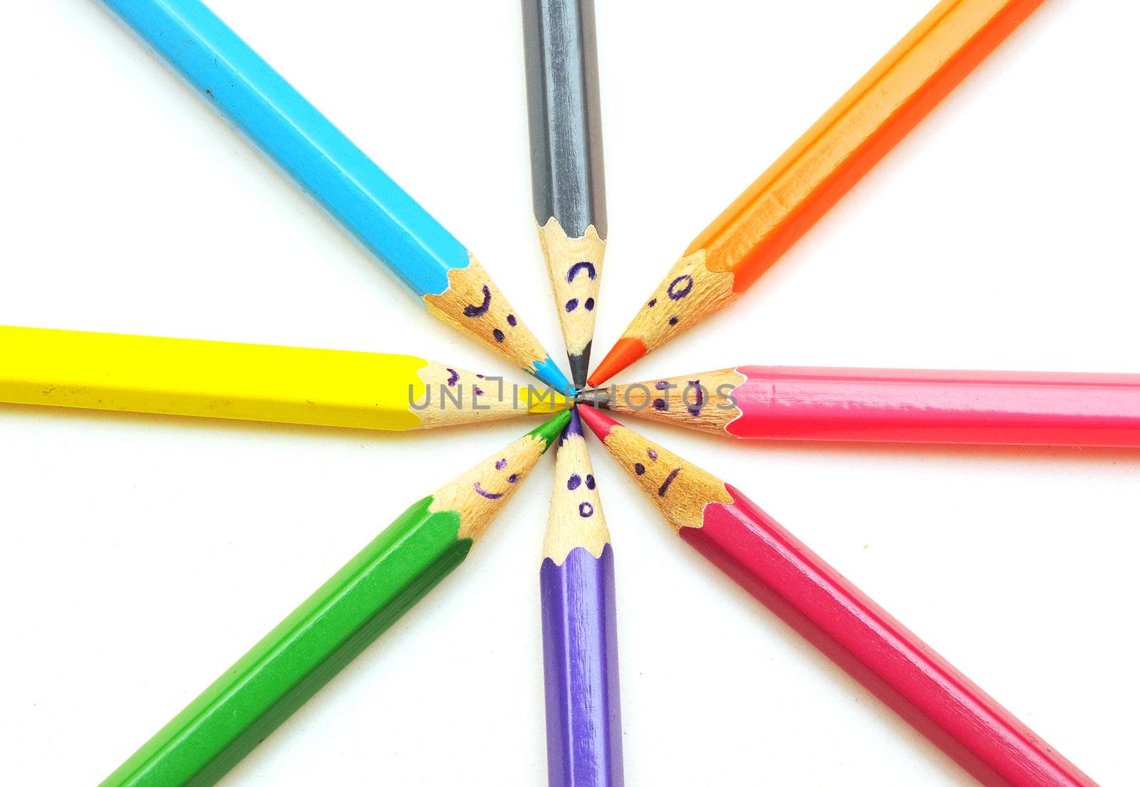 Happy group of pencil faces as social network isolated on white