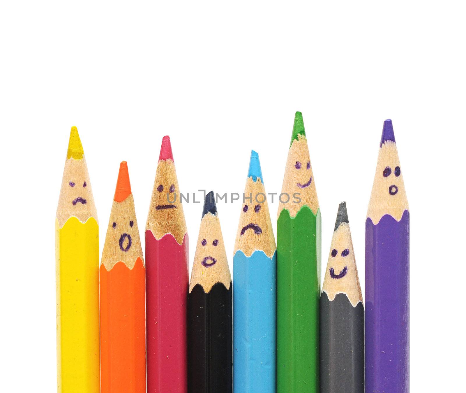 Happy group of pencil faces as social network isolated on white