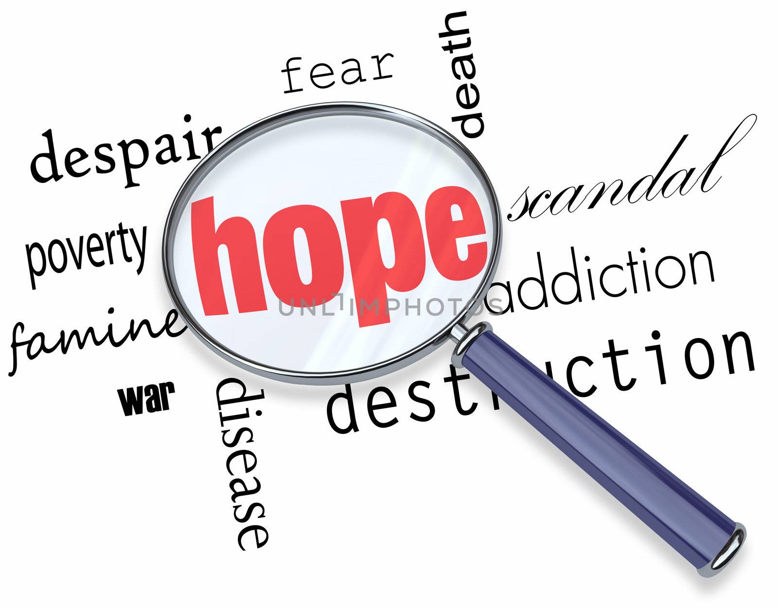 A magnifying glass hovering over several words representing the bad news surrounding us, at the center of which is Hope