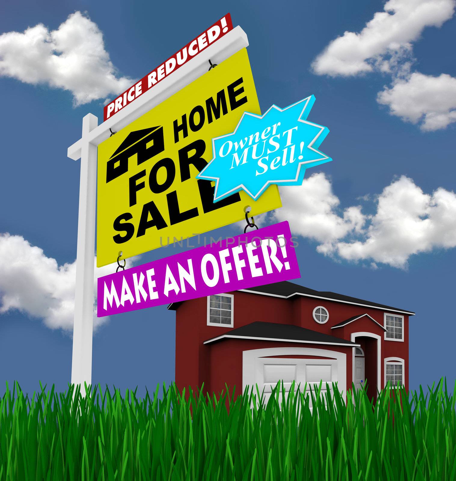 A home for sale sign stands in front of a red house, with green grass and blue skies