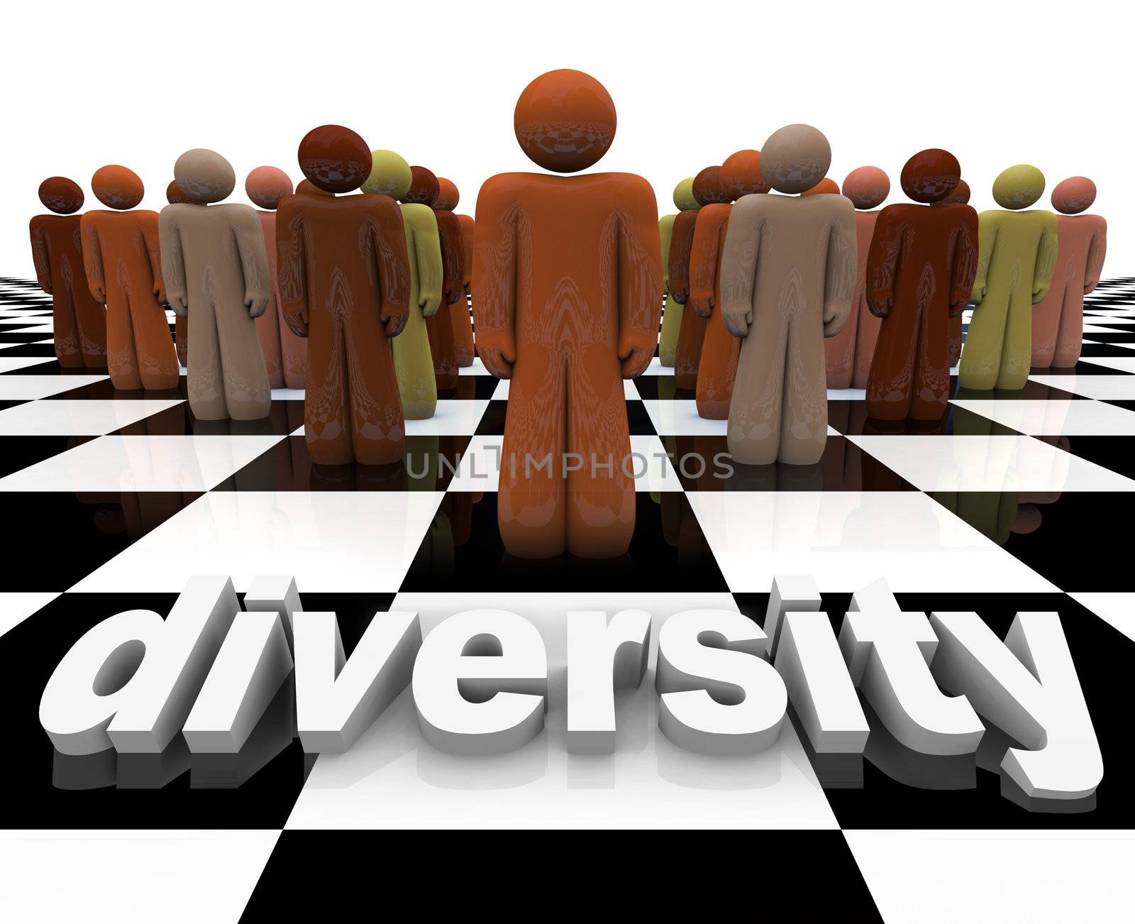 The word Diversity on a chessboard with a line-up of many people of different races.