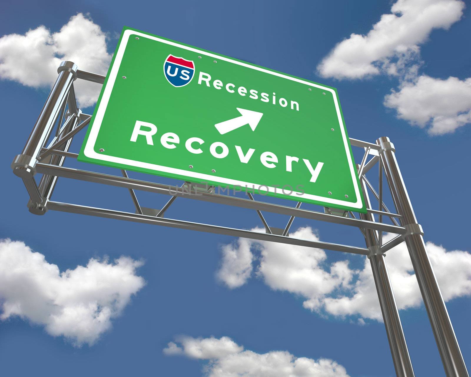 A green freeway sign with the words US Recession with an arrow pointing to Recovery