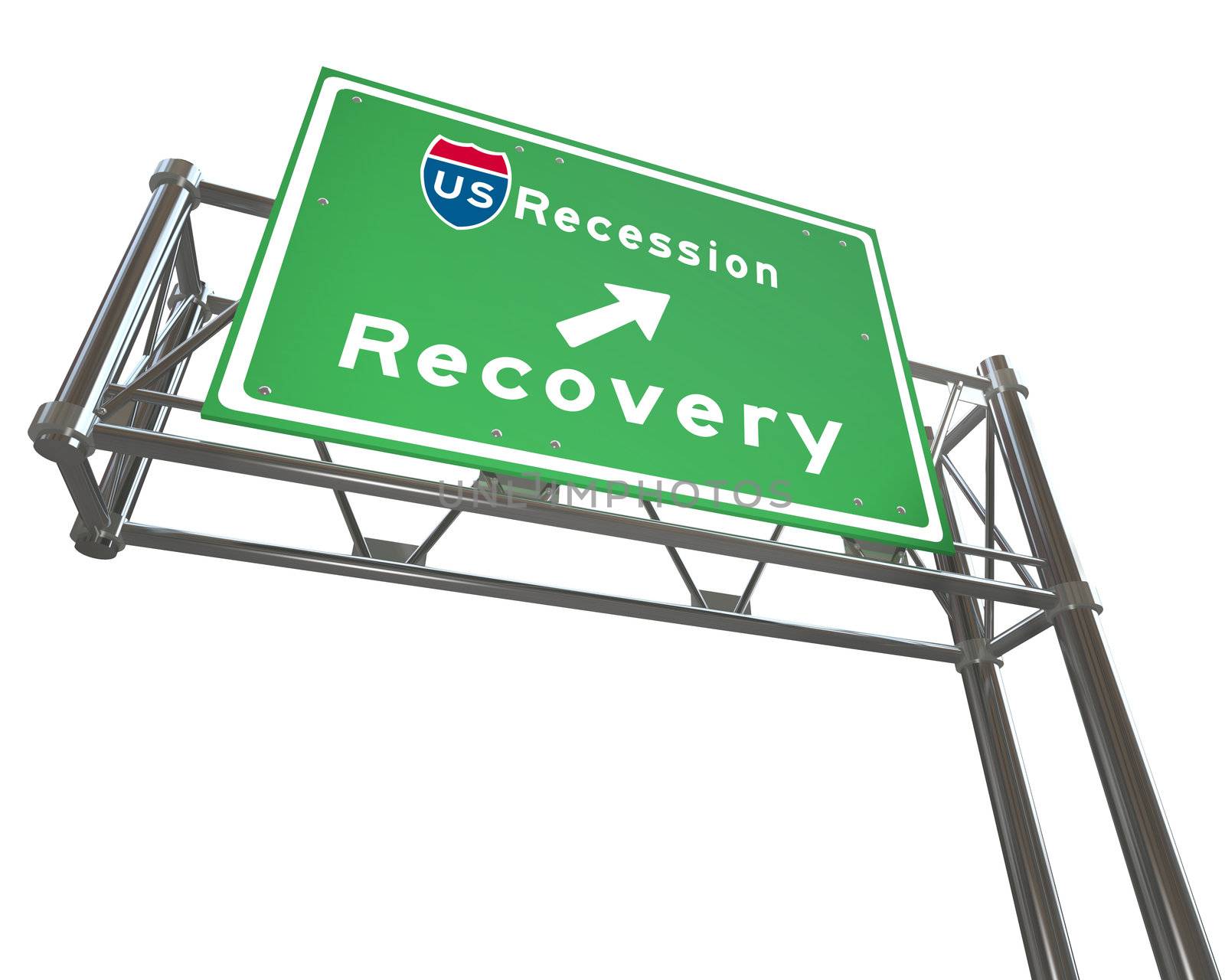 A green freeway sign against white background with the words US Recession - Recovery