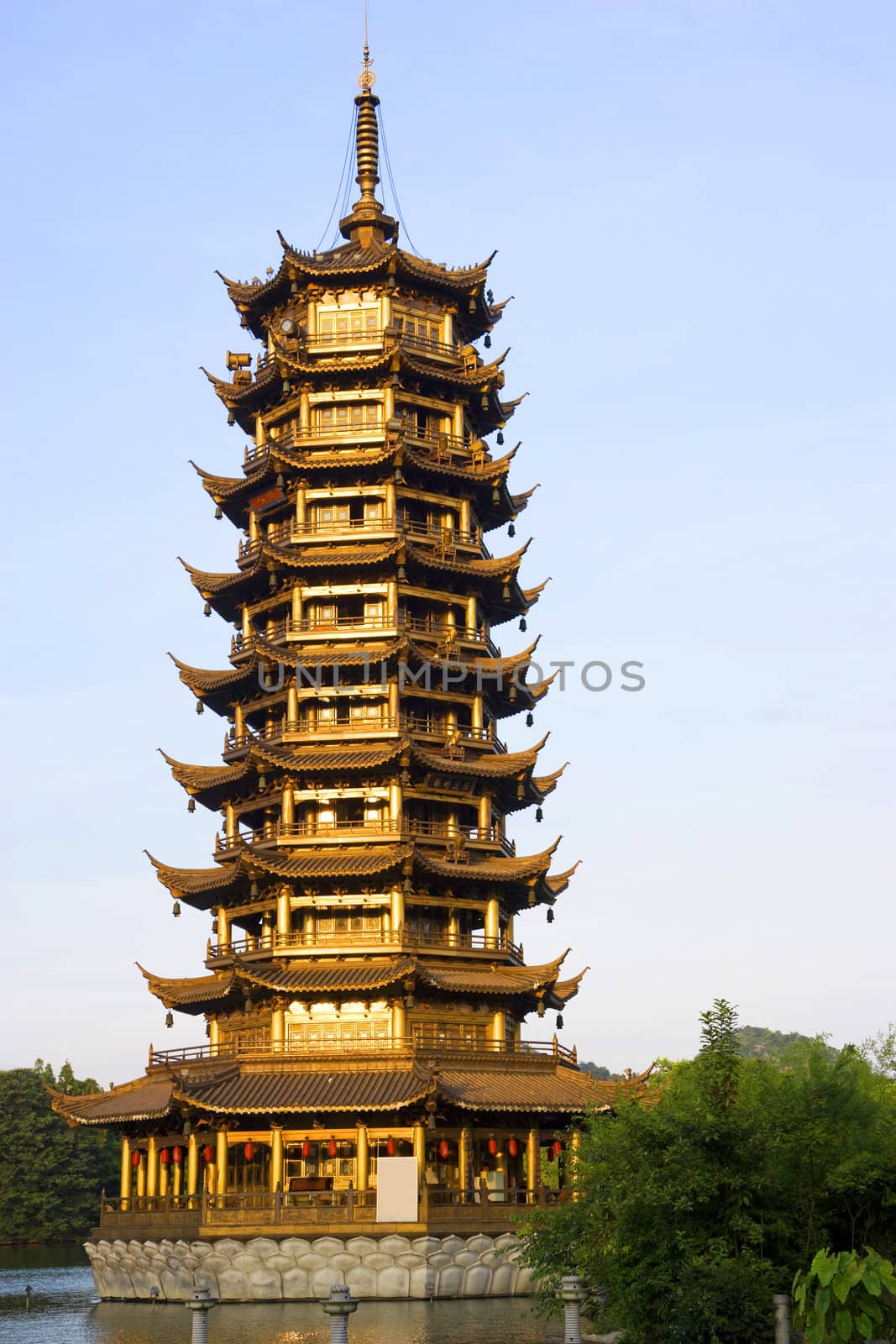 Image of the Sun Pagoda at Guilin, China. This pagoda is one of the two pagodas located side by side which together are known as the Sun and Moon Pagodas of Guilin.