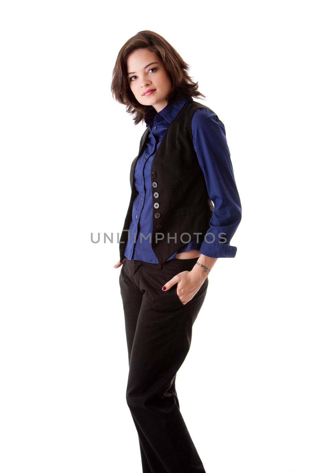 Beautiful young caucasian brunette business student woman standing with hands in pocket, wearing blue blouse and black jacket, isolated