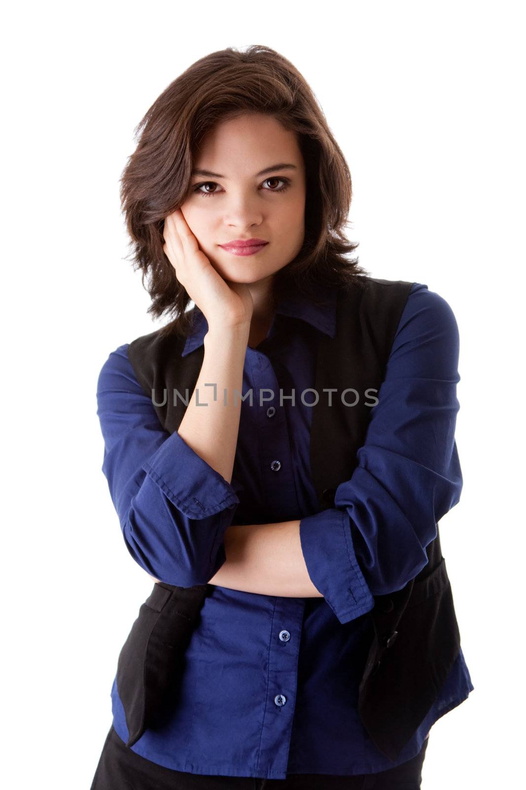 Beautiful young caucasian brunette business student woman arm crossed and hand in neck, wearing blue blouse and black jacket, isolated