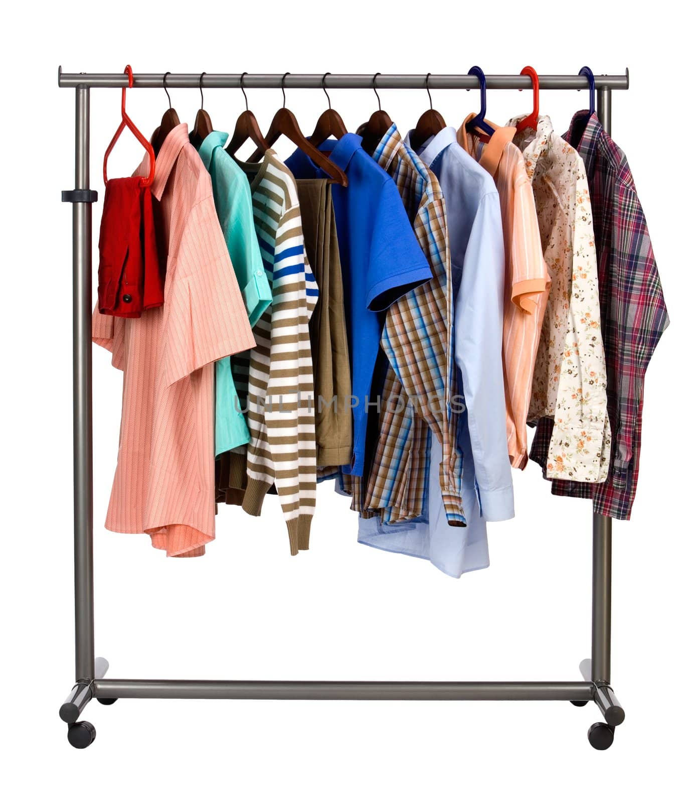 The multi-coloured  men's clothes hangs on a hanger on white  background

