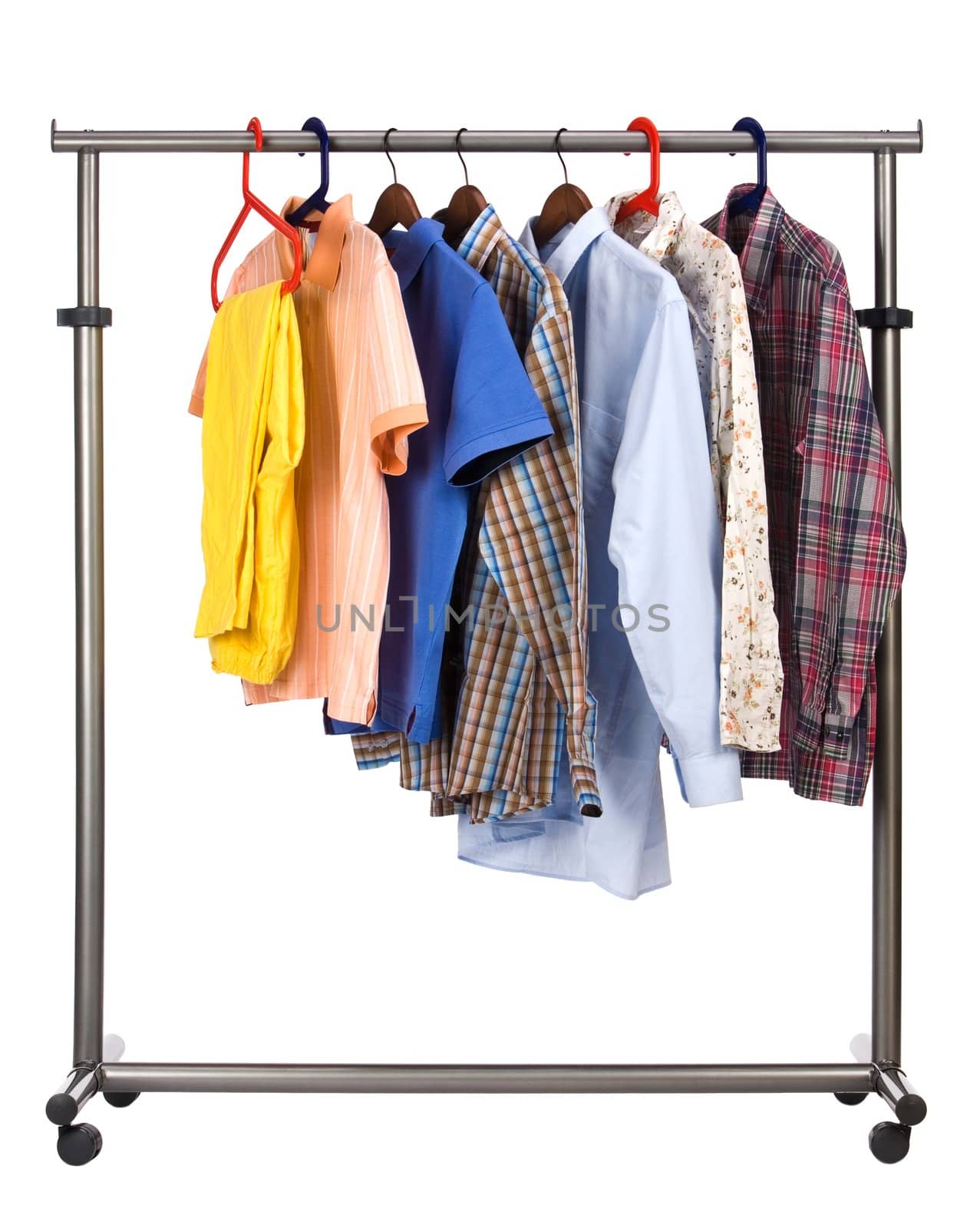 Seven multi-coloured shirts hang on a crossbeam
