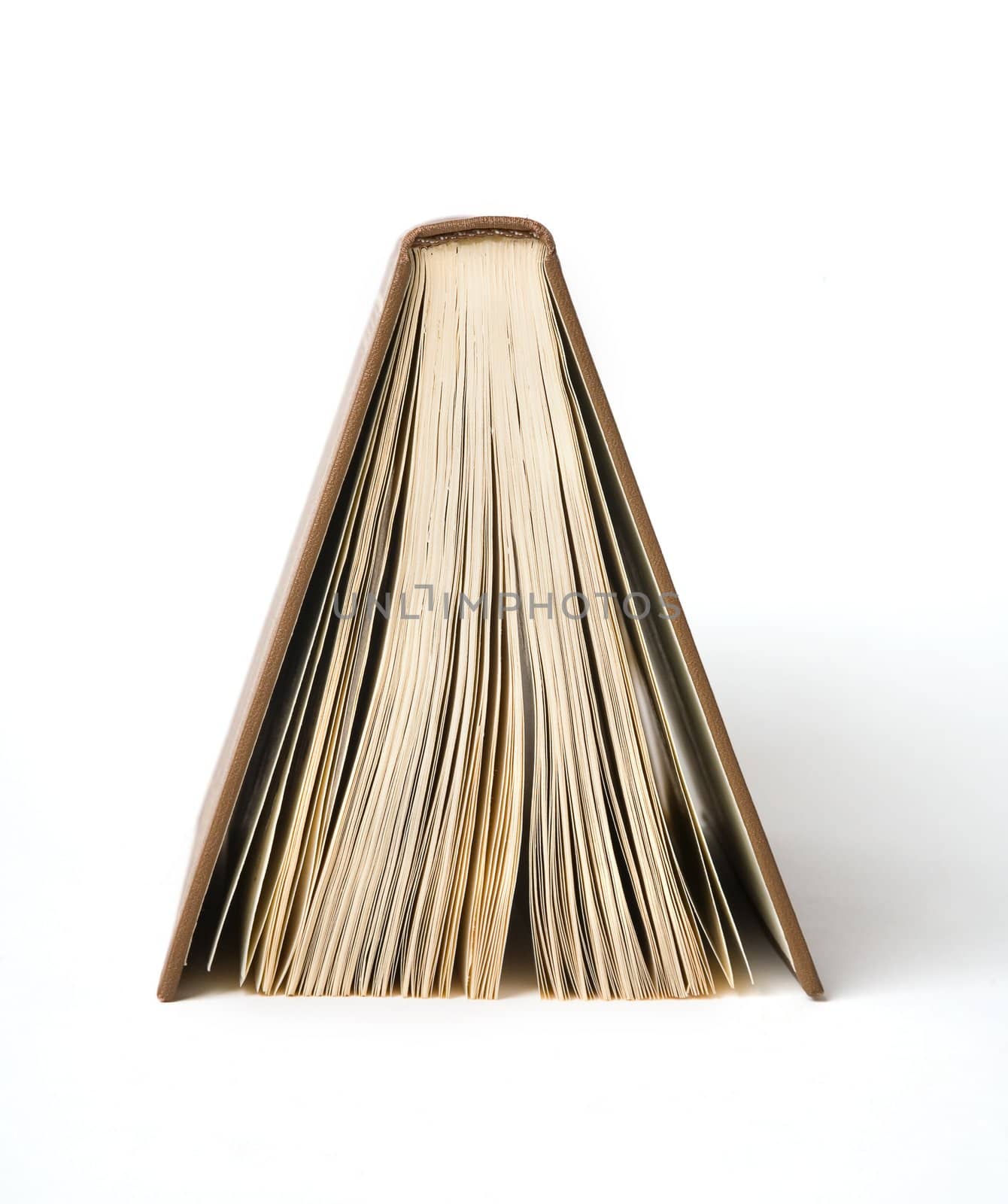 The book stands a back up on a white background

