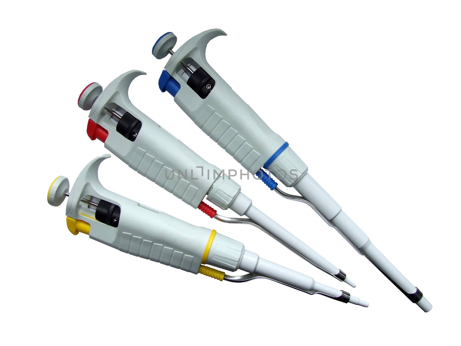 three automatic pipettes, isolated on white, with clipping path