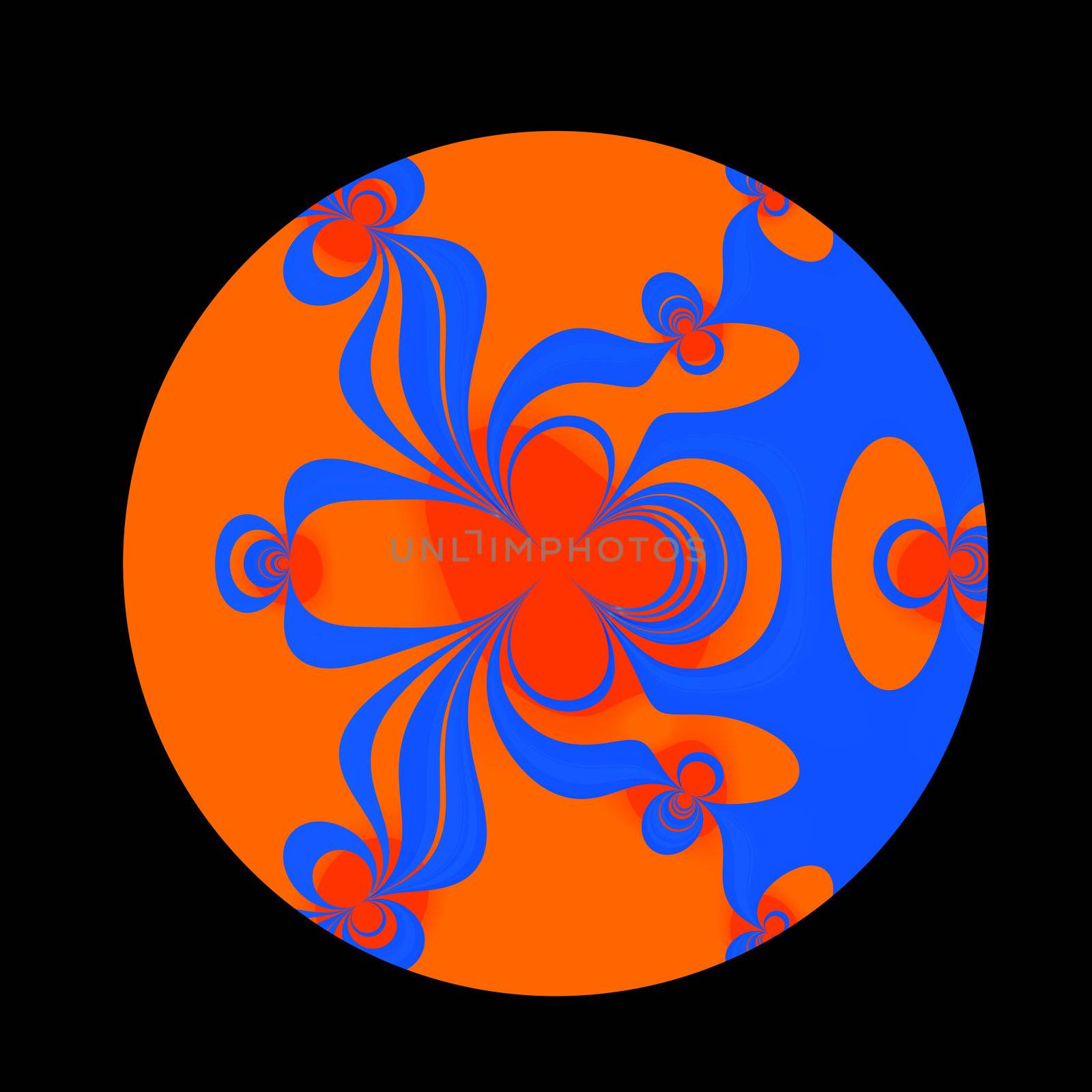 An abstract blue and orange image done in the Retro style of Midcentury Modern textiles.