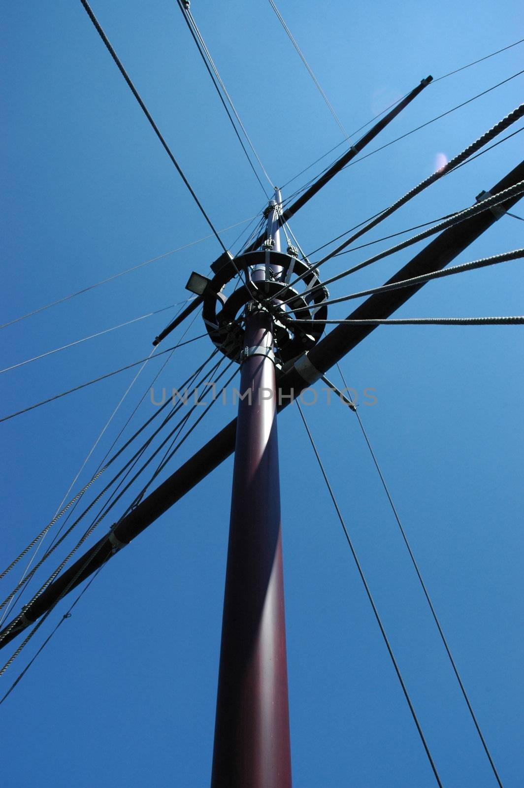 Old wooden ships Mast shot from below against bright blue sky