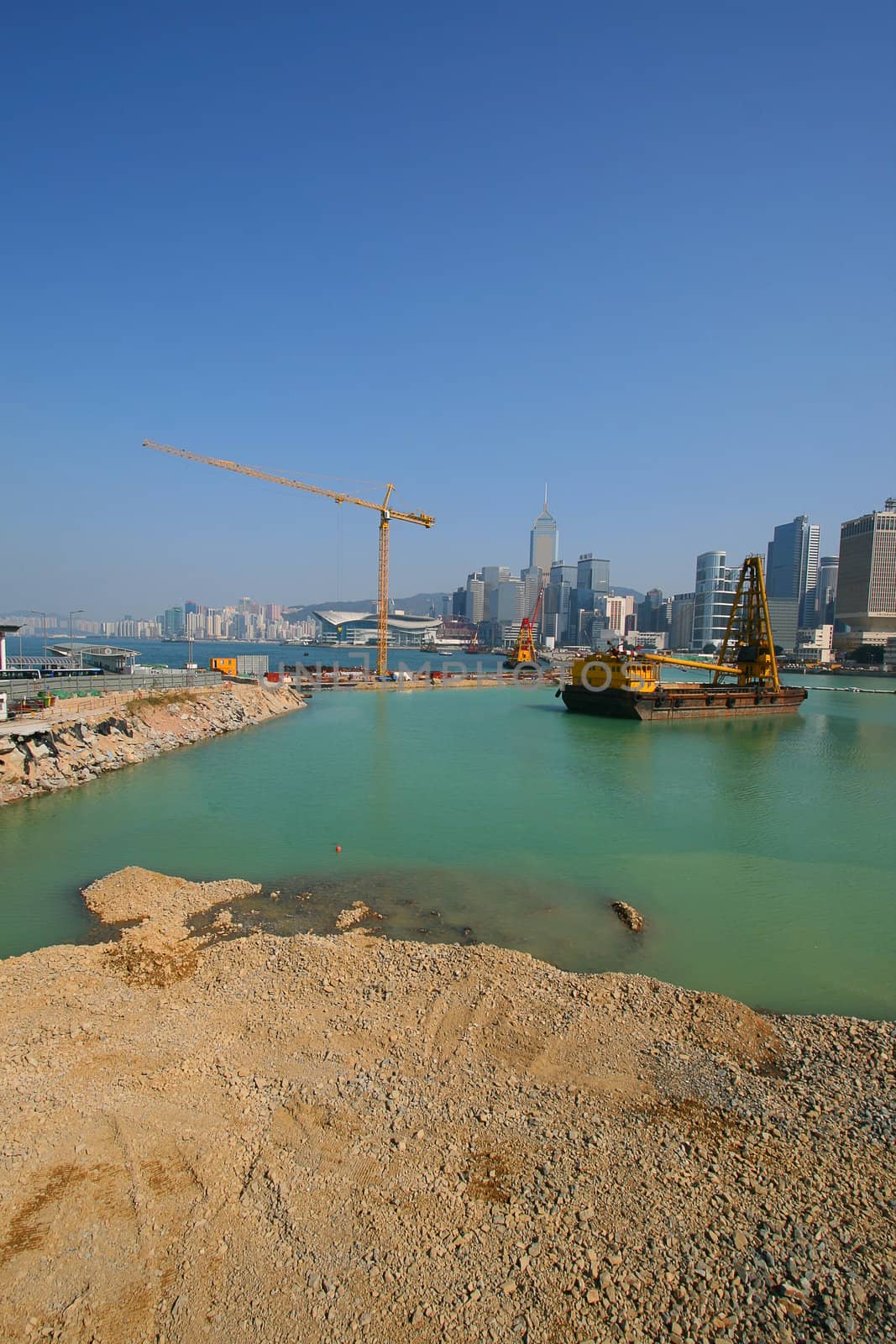 Construction underway of the new Hong Kong waterfront, that will change the Hong Kong Island skyline for ever. March 2008 Photo.