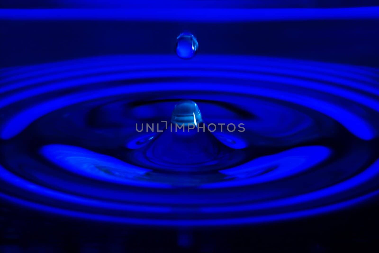 The water drop falls in dark blue water with dispersing circles close up

