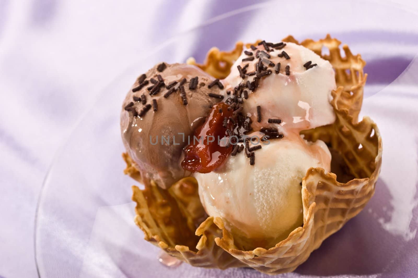 sweet series: ice-cream with chocolate and sweety fruits with jam