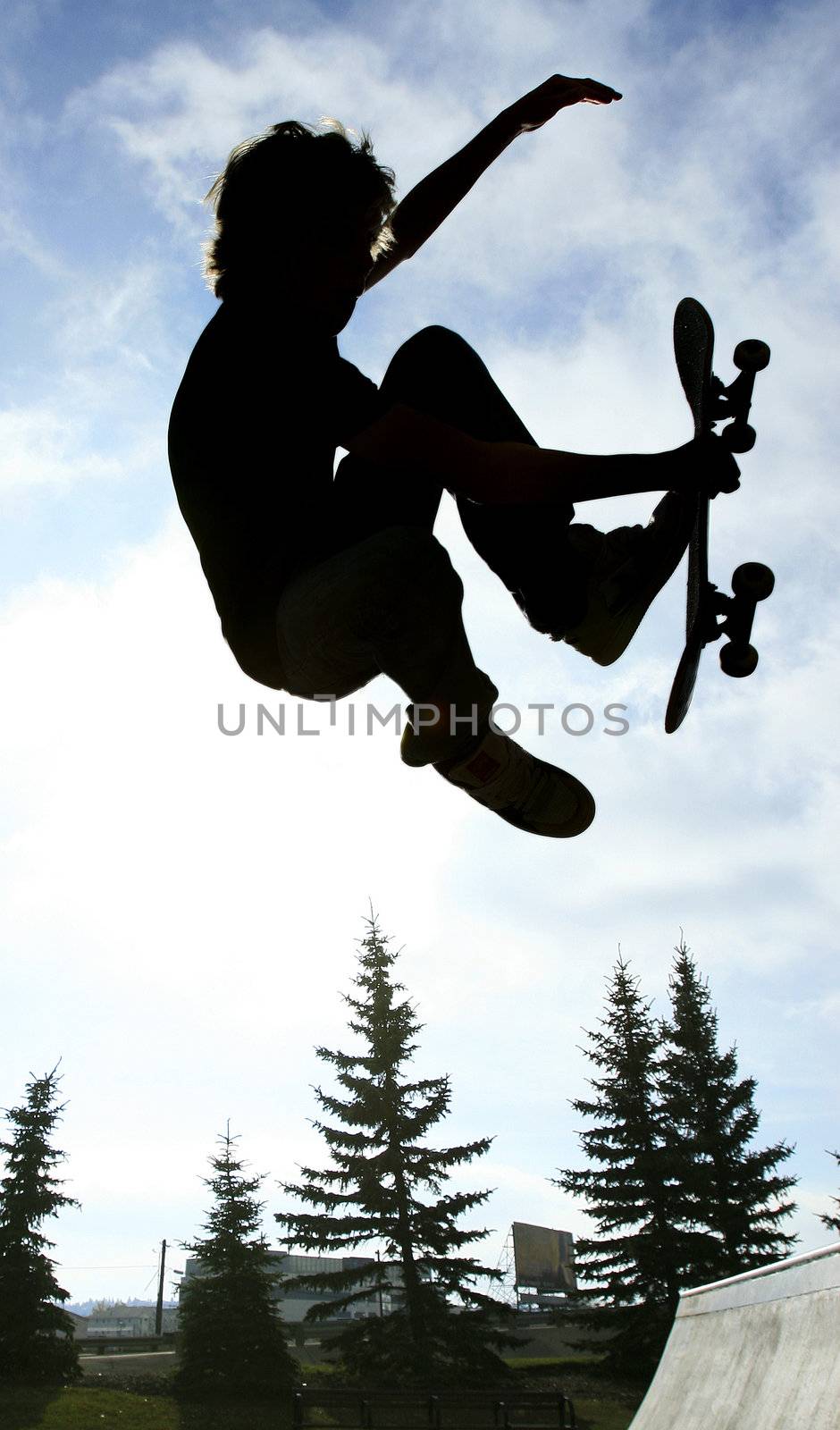 A skateboarder catches some air and is silhouetted against the sky.