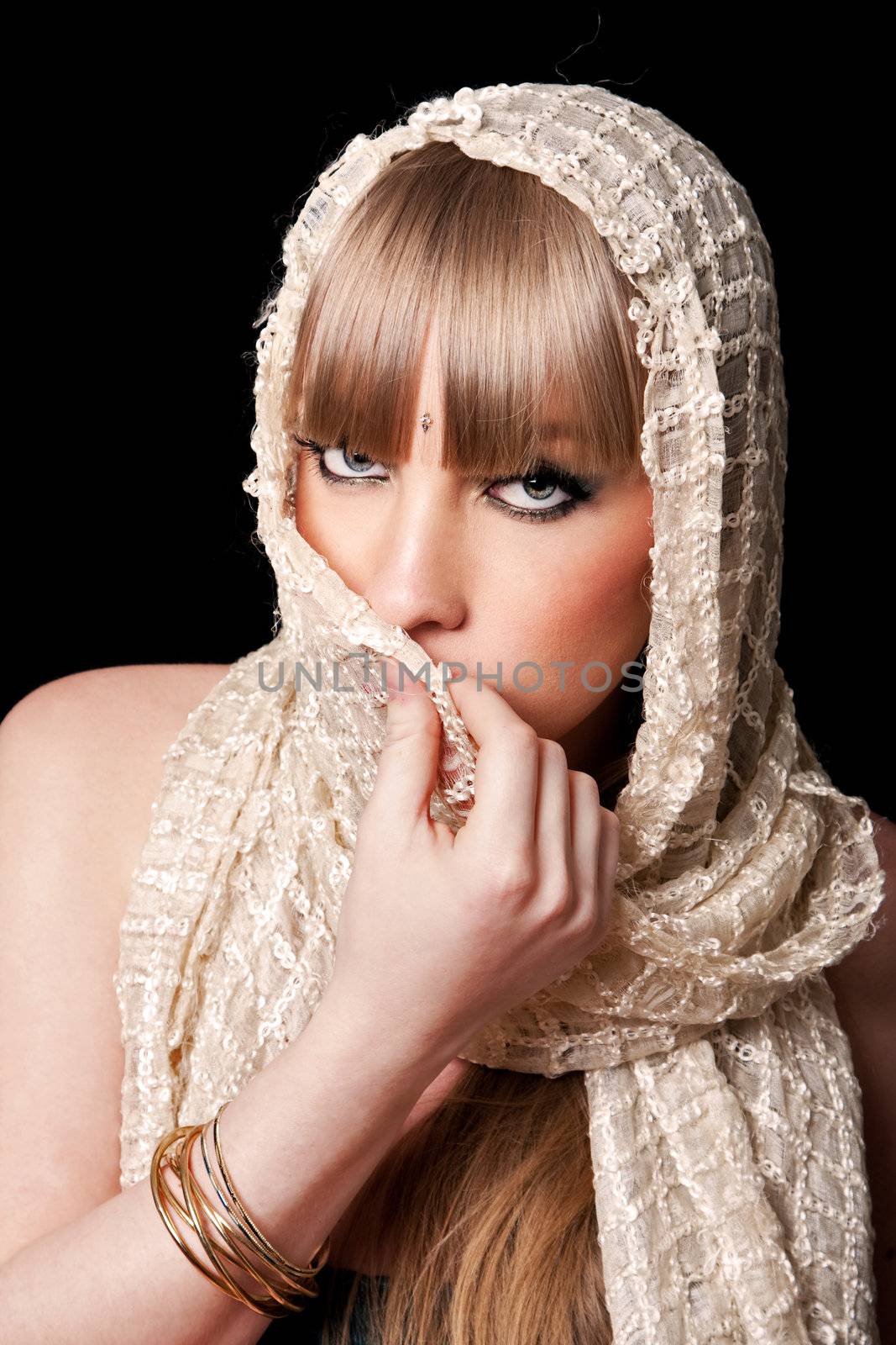 Beautiful face of woman with white scarf, isolated