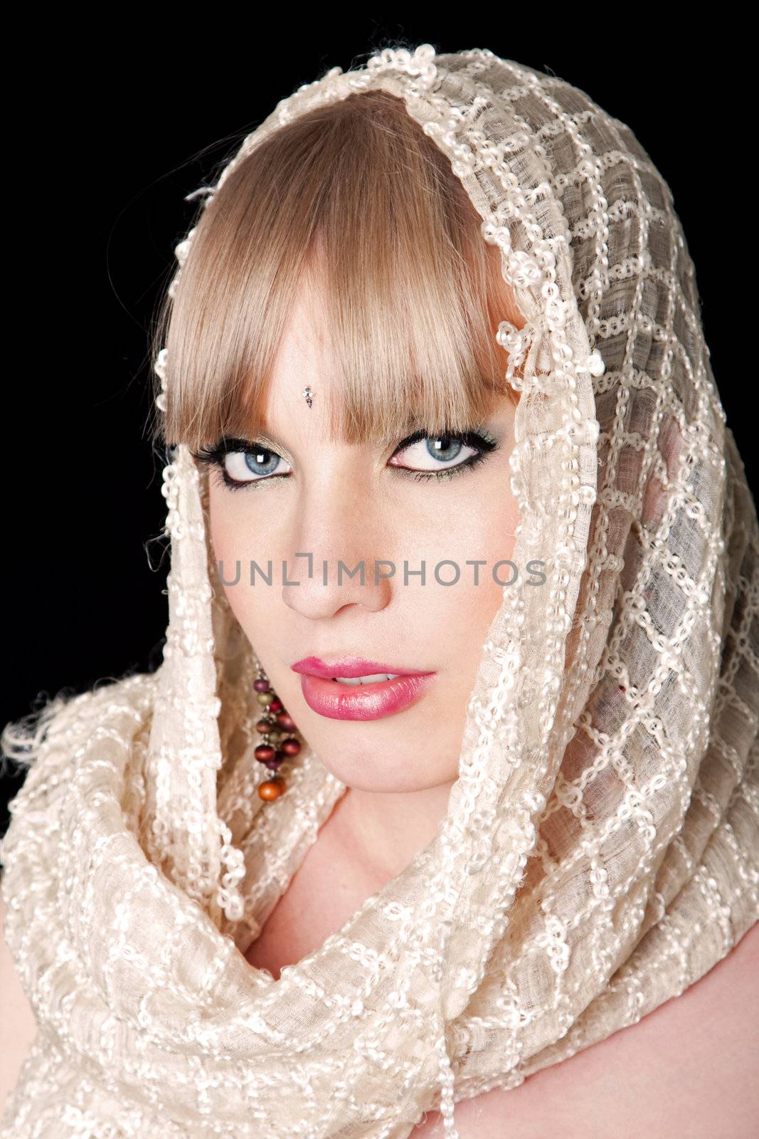 Beautiful face of woman with white scarf, isolated