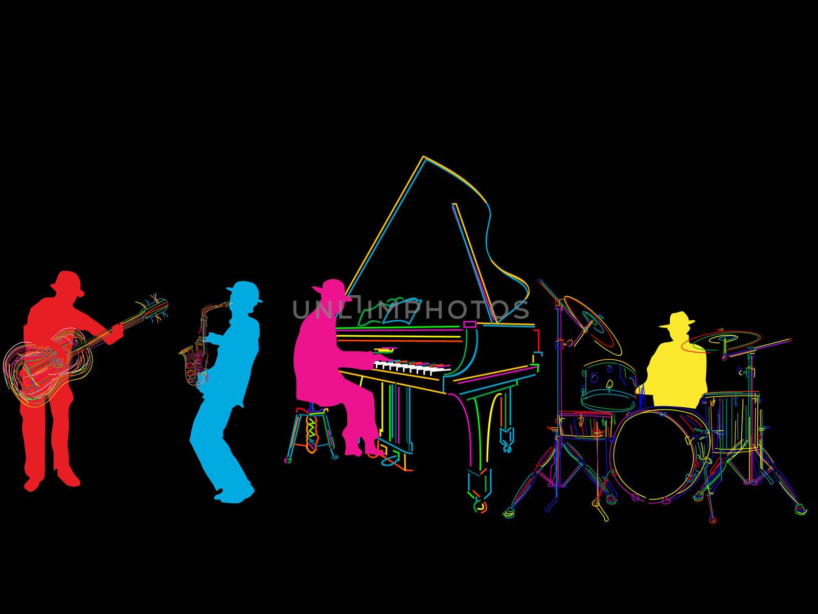Jazz band sketch, isolated and grouped over black