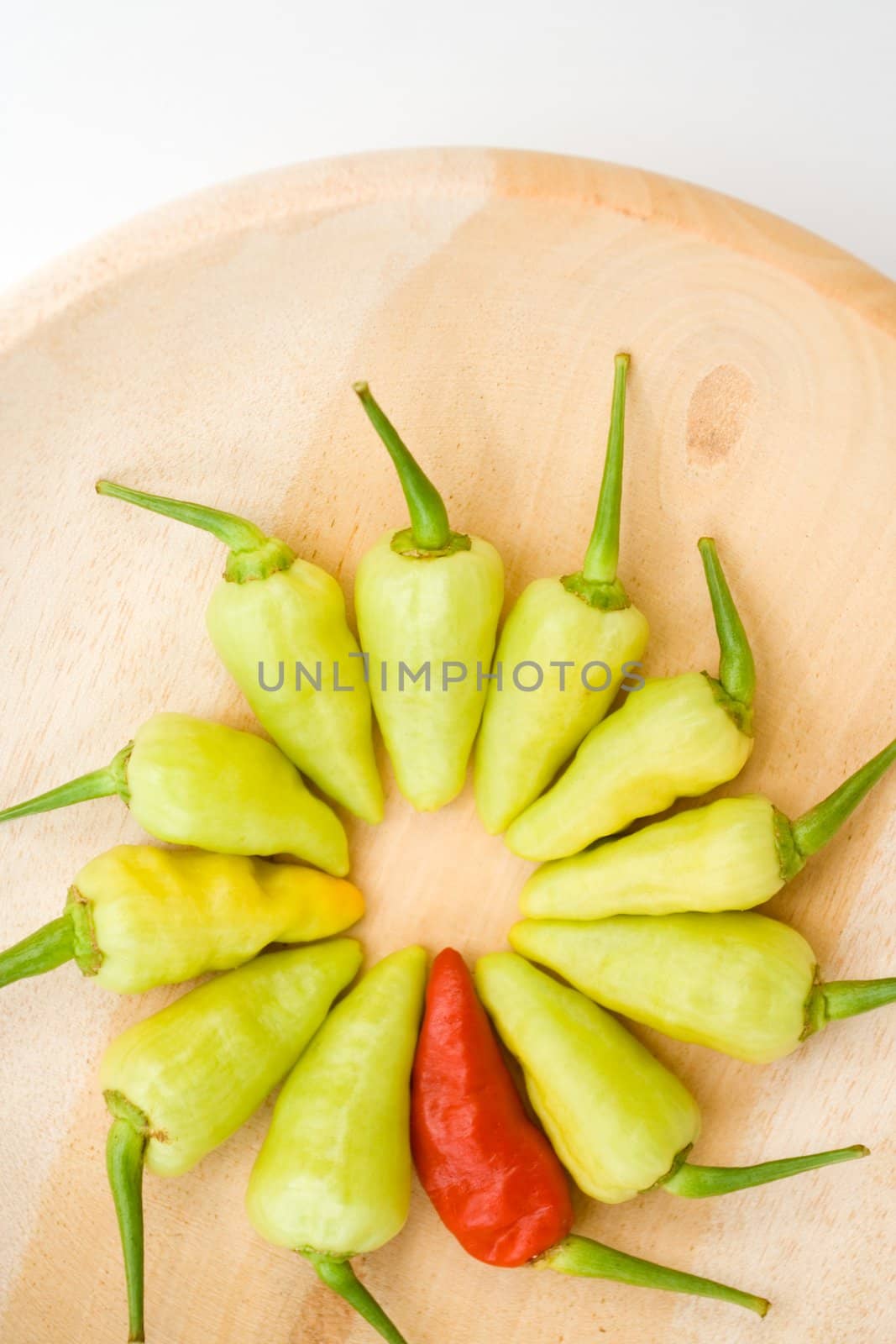 arrangement of red and yellow chili on wooden plate - diversity 