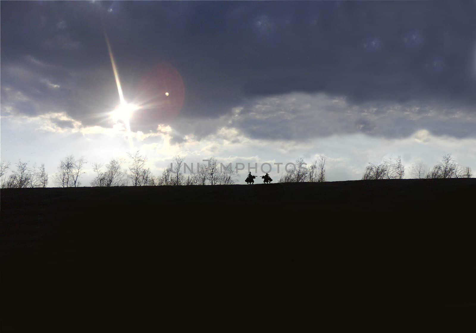 Knights fight on a wide plain with the sun in the background