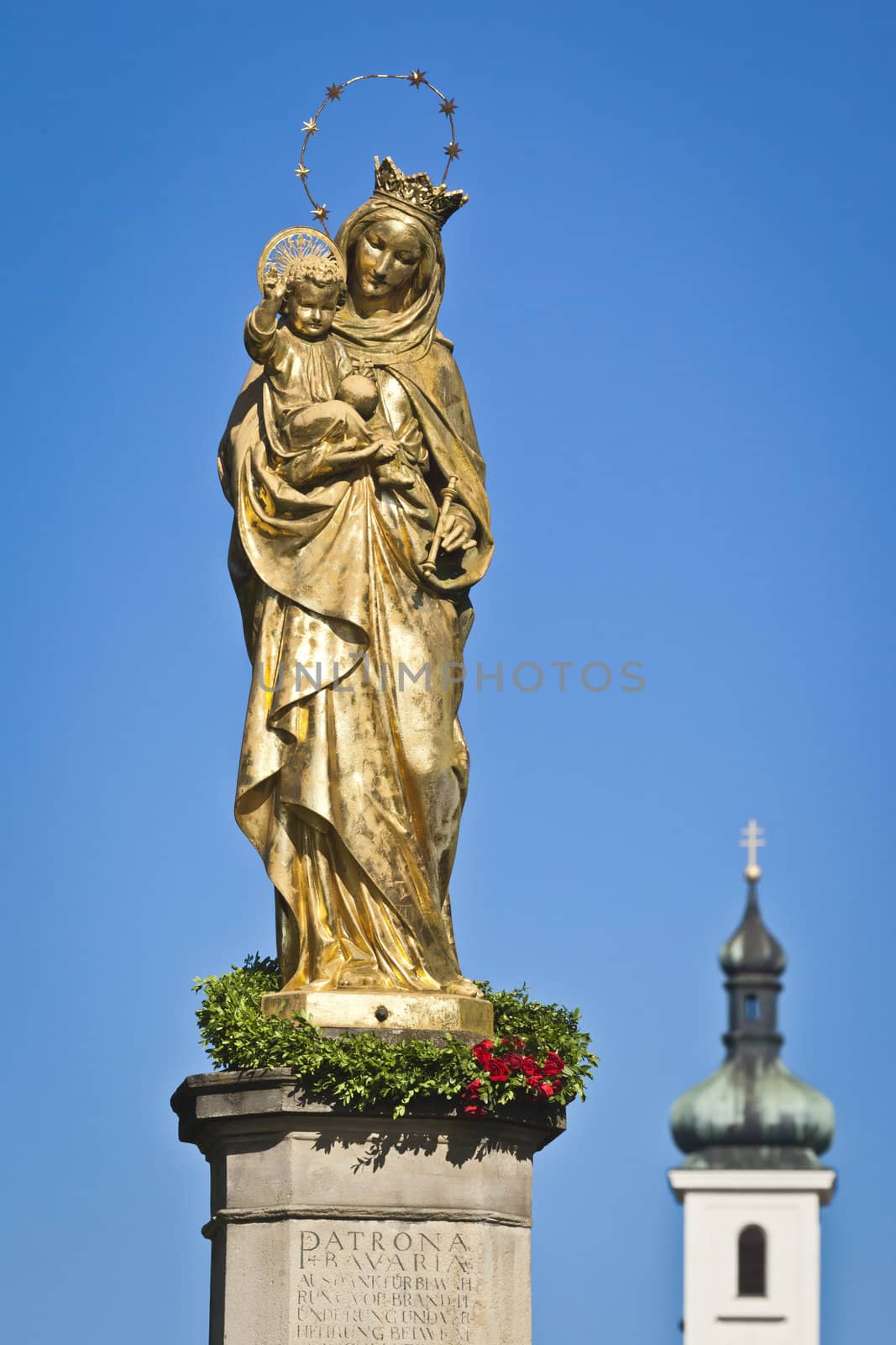 The beautiful golden Maria Statue in Tutzing Bavaria Germany