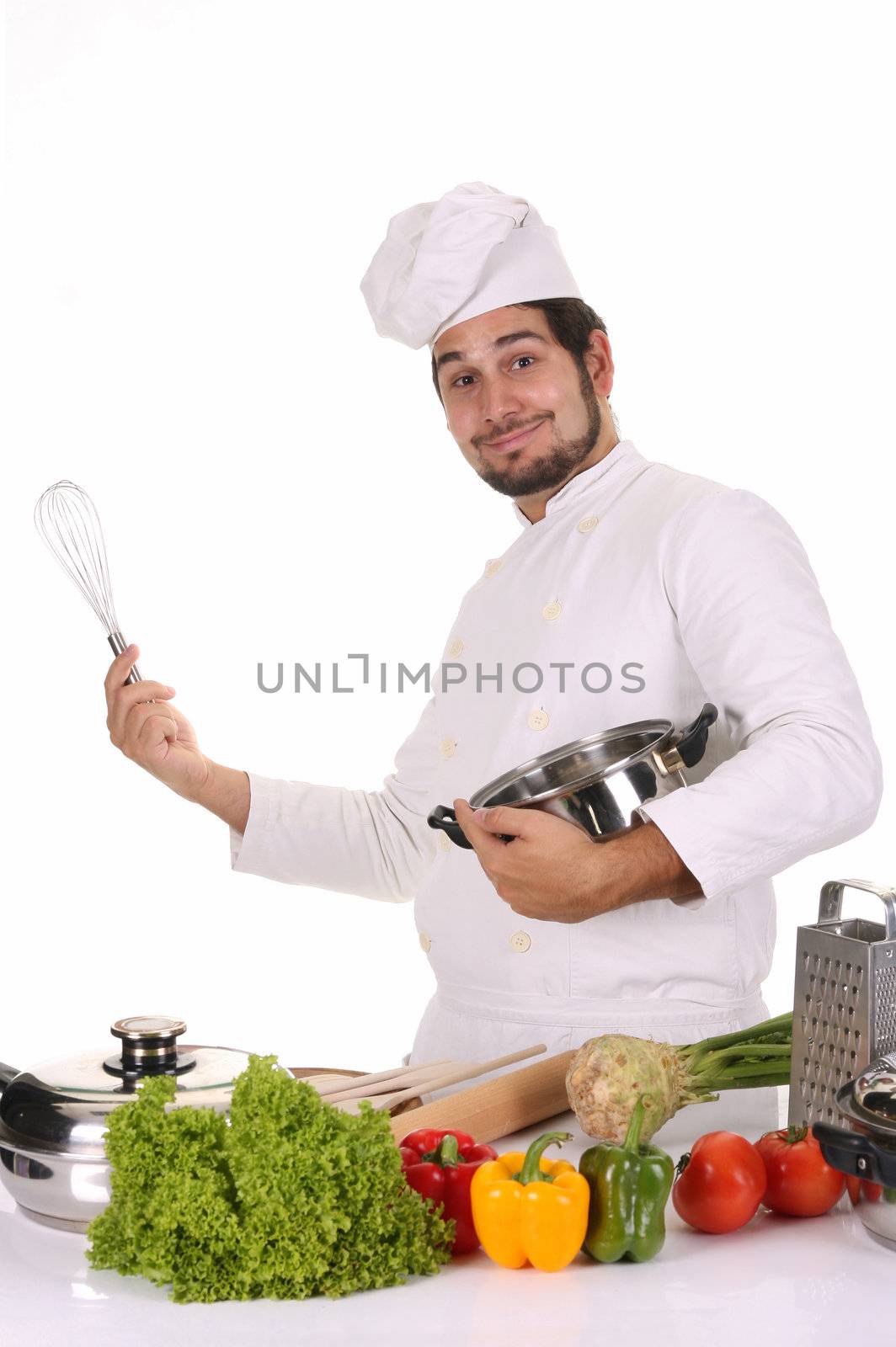 young chef preparing lunch on white background