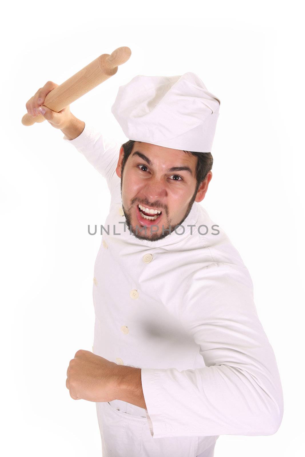Mad chef with rolling pin on white background
