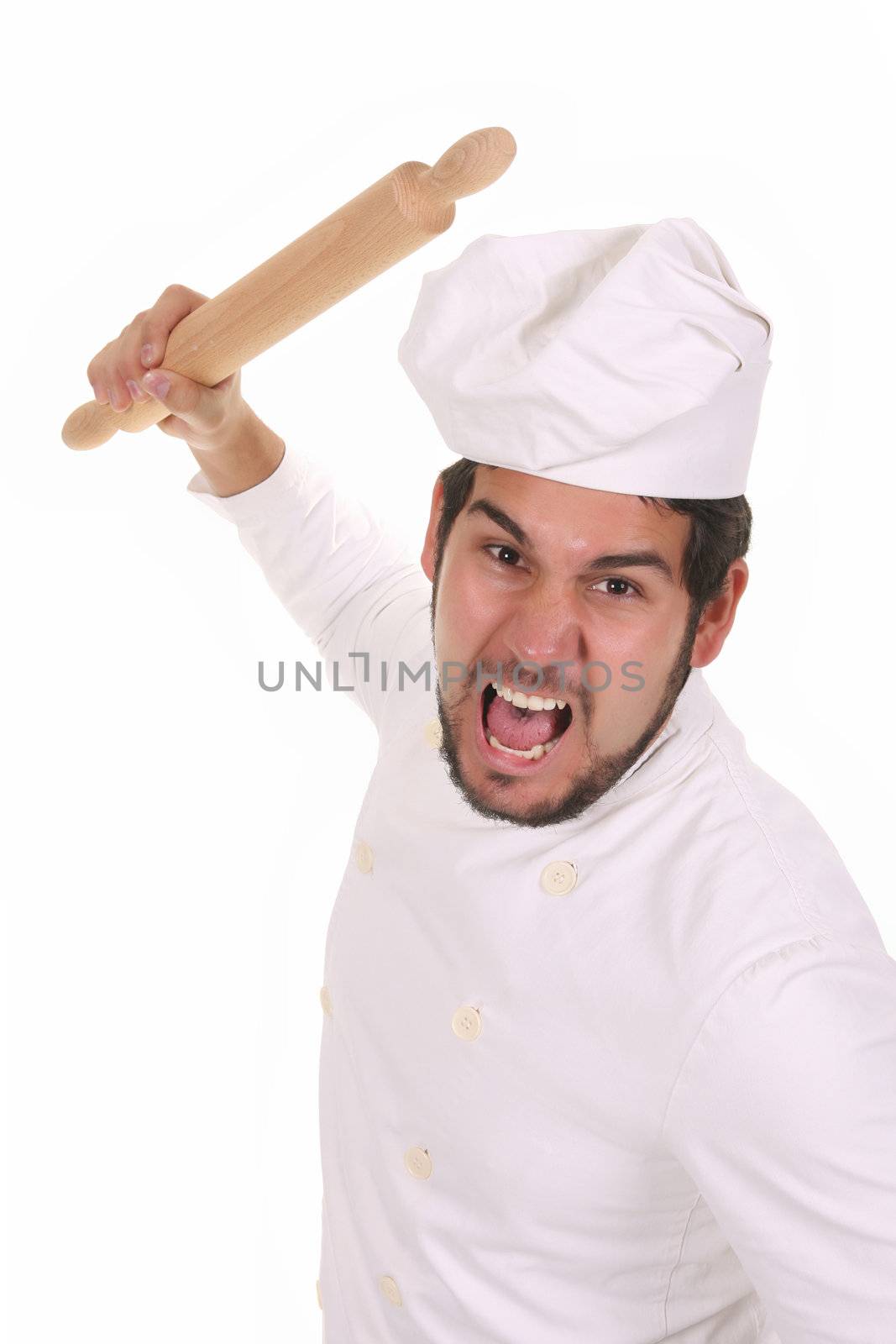 Mad chef with rolling pin on white background