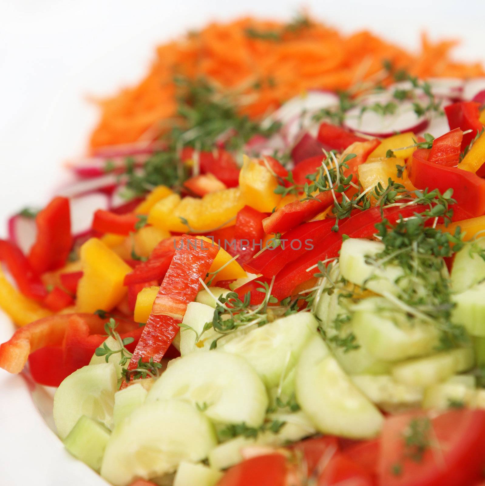 fresh salad with peppers and cucumbers - square - close up
